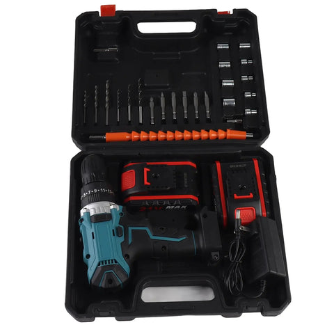 Heavy Duty Cordless Electric Drill Kit With Two 21V Lithium Batteries And Quick Swap Chuck in a black case with drill and accessories.