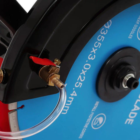 Detail of the water system and blade on 14 Inch Electric Concrete Saw and Wall Grooving Machine with Slick Rolling Base and Water System for Zero Dust 4000W 3000 RPM Deep Cuts on Brick Stone Granite.