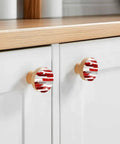 Top Shelf Solid Beech Wood Cabinet Knobs 2 Pack 1.6 Inch Round Grey Red Abstract Art Drawer Pulls on white kitchen cabinets.
