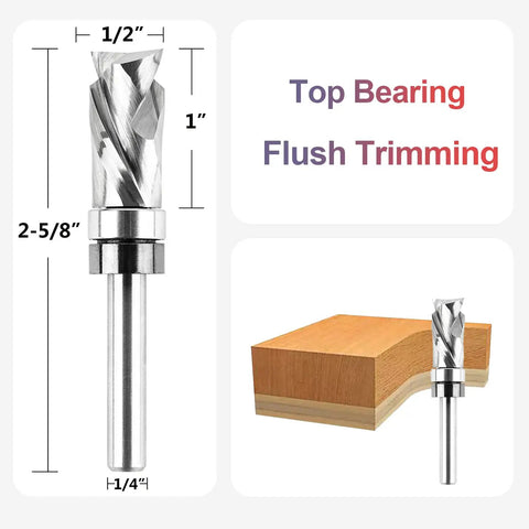 Top Bearing Compression Flush Trim Router Bit Pro Grade Quarter Inch Shank Half Inch Cutting Diameter for precise woodworking.