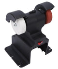 Rock Steady Cordless Mini Bench Grinder With Two Heavy Duty 4000mAh Batteries And Slick Variable Speed Adjustment Reaching 7000Rpm For Zero Sweat Grinding Sharpening Tasks in black with red switch and dual grinding wheels.