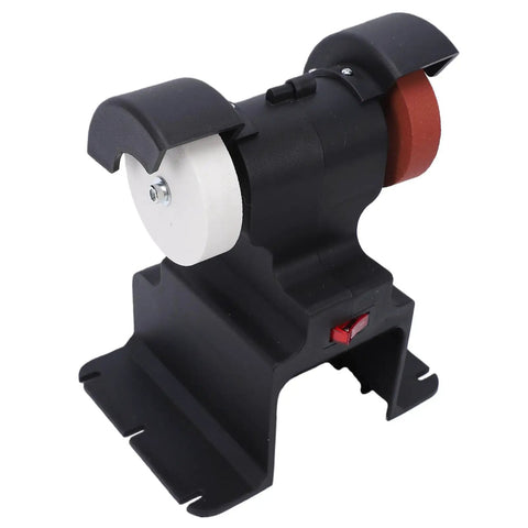 Rock Steady Cordless Mini Bench Grinder With Two Heavy Duty 4000mAh Batteries And Slick Variable Speed Adjustment Reaching 7000Rpm For Zero Sweat Grinding Sharpening Tasks in black with red switch and dual grinding wheels.