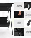 Image showing features of Two Person Outdoor Porch Swing With Canopy, Storage Table, Cooler Bag, and Cup Holders in Black.