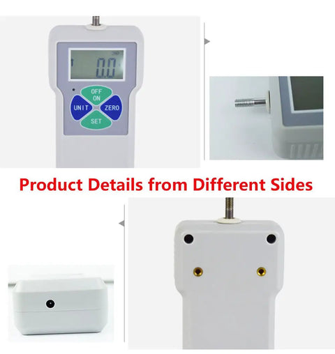 Handheld Digital Force Gauge Push Pull Tester Meter With Slick Digital Readout from multiple angles showcasing design details.