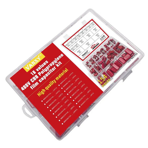 Kickass Assorted Cbb Capacitor Kit 154 Pieces 400V Metallized Electronic Components 10NF To 4.7UF in organized storage case.