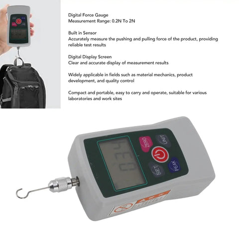 Dead Accurate Digital Force Gauge Measuring 0.2N To 2N For Straightforward Push Pull Testing, showing clear digital display and hook.