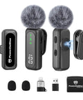 Wireless Lavalier Microphone Two Pack Mini Lapel Mic With Usb C Lightning Receiver showing wireless design and furry windscreen for clear audio.