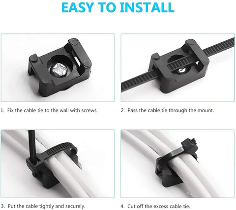 Steps showing installation of 100 Pack Cable Tie Mounts with M5 Screw Holes on flat surface for wire management