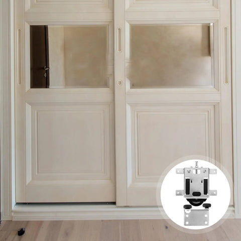 Heavy Duty Metal Sliding Door Roller With Double Bearing Reinforced Axles Rolls Like A Dream And Crushes Daily Wear Premium Replacement Part For Patio Doors Or Interior Tracks, shown with sliding doors.