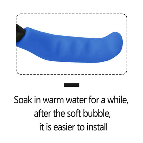 Close-up of two pairs silicone brake lever grip protectors for bikes non slip handle covers for road and mountain cycling soft comfortable 75 by 24mm blue color upgrade for better grip and total control on everyday rides. Demonstration of installation guideline.