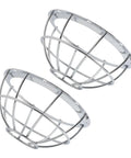 Heavy Duty Iron Smoke Detector Cover With Reinforced Mesh For Maximum Room Security Universal Fit Works Straight Outta The Box No Sweat Setup Top Shelf Protection Two Piece Set angled view showcasing two silver mesh guards.