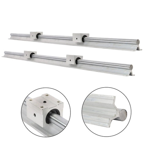 2 Piece SBR16 Linear Rail Kit With 800mm Fully Supported Shafts And 4 Heavy Duty Bearing Blocks view showing two chrome rails and bearing blocks