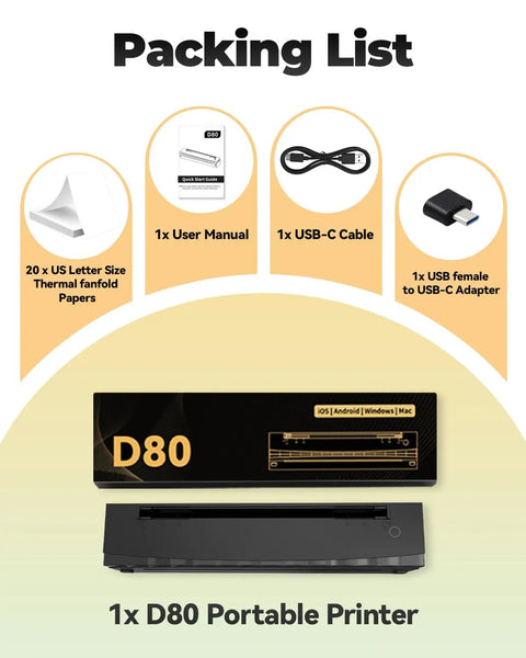 Packing list for Portable Thermal Printer D80 Wireless For Travel And On The Go Inkless Printer with accessories.