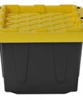 Tough As Nails 5 Gallon Plastic Storage Tote In Black And Yellow with reinforced lid, side view for garage organization.