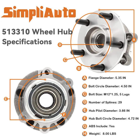 Precision Matched Front Wheel Bearing And Hub Assembly With Abs 5 Lug For Nissan Murano And Quest specifications chart.