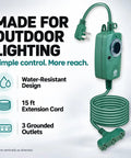 Heavy Duty Outdoor Dusk To Dawn Timer With Photocell Sensor And Three Grounded Outlets showing water-resistant design and 15 ft cord.