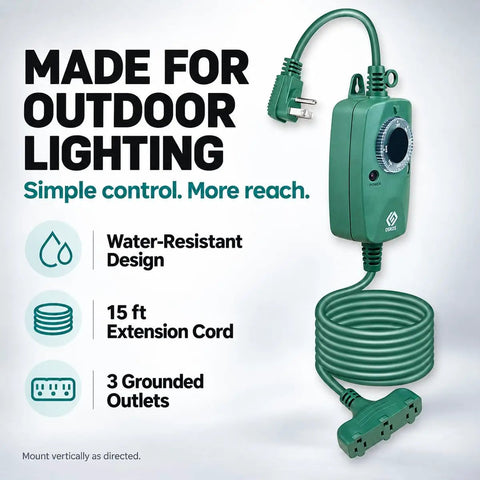 Heavy Duty Outdoor Dusk To Dawn Timer With Photocell Sensor And Three Grounded Outlets showing water-resistant design and 15 ft cord.
