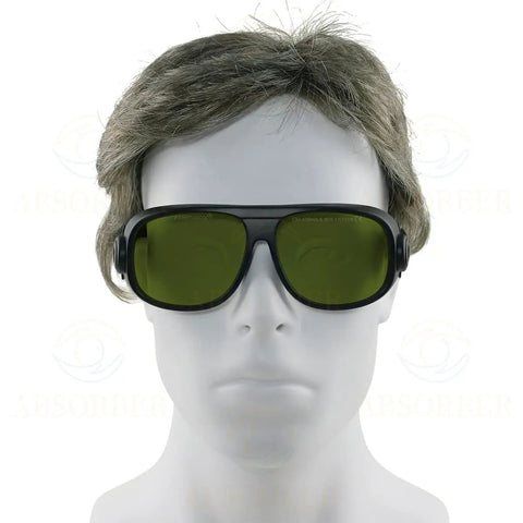 Pro Level Laser Safety Glasses With Slick Low Profile Frames And Hella Secure OD 6 Plus Shielding Over Violet And Infrared Bands For Indoor Or Outdoor Shop Work worn by a mannequin.