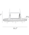 Two-Light Kitchen Pot Rack With Down Lights In Brushed Nickel Finish, 35.5 Inch Long, dimensions shown, ceiling mount visible