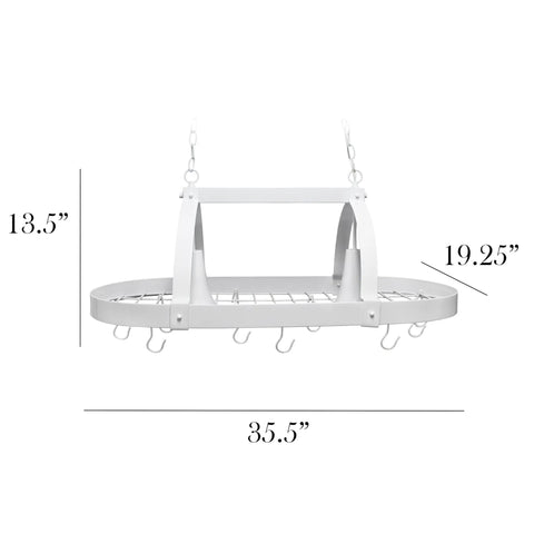 Two-Light Kitchen Pot Rack With Down Lights In Brushed Nickel Finish, 35.5 Inch Long, dimensions shown, ceiling mount visible