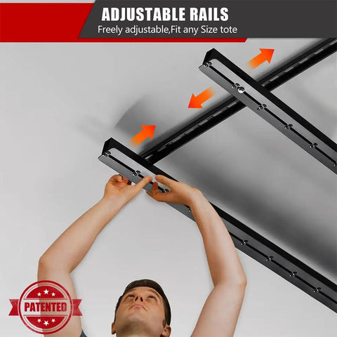 Adjustable Overhead Garage Storage Rack Expandable Ceiling Organizer with adjustable rails for easy setup.