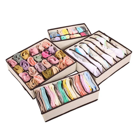 Total Closet Game Changer Non Woven Bra Storage Organizer With Multi Grid Layout Smooth Drawer Setup For Underwear Socks Ties And Scarves Beige Four Pack neatly displayed with organized socks and bras.