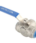 Heavy Duty One Inch Three Way L Type Ball Valve Female Threads 304 Stainless Steel with blue twist handle for plumbing.
