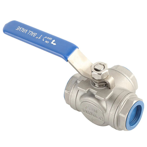 Heavy Duty One Inch Three Way L Type Ball Valve Female Threads 304 Stainless Steel with blue twist handle for plumbing.