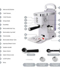 20 Bar Professional Espresso Machine With Milk Frother Steam Wand Compact Latte And Cappuccino Maker Adjustable Shot Volume White Finish Perfect Gift For Coffee Lovers with labeled parts diagram.