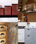 Collage of vintage furniture featuring Snag A Win With These Next Level 4 Piece Iron Cup Pulls, showcasing brushed bronze handles.