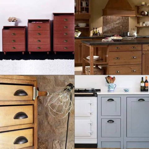 Collage of vintage furniture featuring Snag A Win With These Next Level 4 Piece Iron Cup Pulls, showcasing brushed bronze handles.