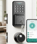 Super Slick Smart Door Lock With App Control, Backlit Keypad Deadbolt and dual knob on white door with phone app.