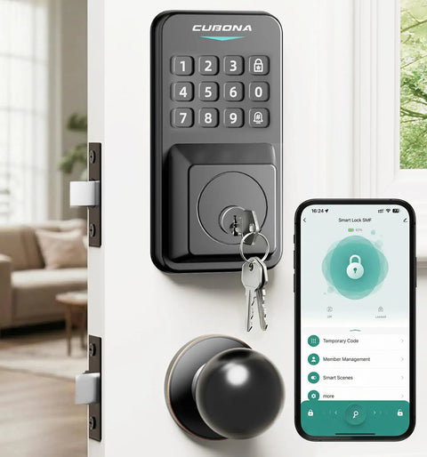 Super Slick Smart Door Lock With App Control, Backlit Keypad Deadbolt and dual knob on white door with phone app.