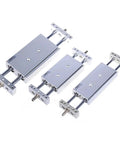 Straight Up Double Acting Pneumatic Cylinder With Dual Piston Rods And Slide Tab Mount For Precision Air Actuation In Bore Sizes From 10 To 25 Millimeters And Stroke Lengths Ranging Up To 125 Millimeters For Drop Dead Reliability On Any Job Site, showcasing three sizes of aluminum cylinders.