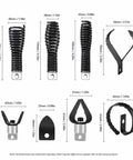 Eight Piece Drain Cutter Head Set For General Sewerooter Junior Replacement Spring Augers and Manual Drain Snake Tool displaying sizes and shapes of steel heads.