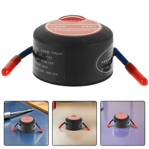 Automatic Aerosol Fire Extinguisher With Slick Adhesive Mount For Cars Garages And Shops Stops Heat Smooth side view on table