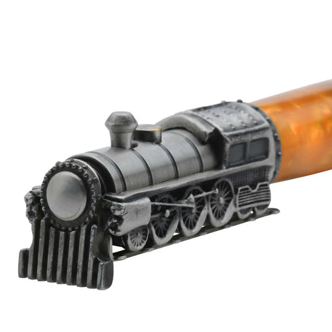 Kickass Steam Locomotive Bolt Action Ballpoint Pen Turning Hardware Kit For Custom Woodcrafts Badass DIY Pen Making Starter Pack Includes Solid Brass Bushings And Top Shelf Inserts, close-up of locomotive pen tip in brass finish.