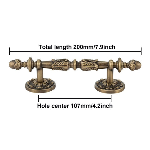 Five Pack Antique Brass Cabinet Handles With 3.4 Inch Hole Centers (107 Mm) Old School Vintage Drawer Pulls showing details
