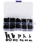 Nylon Screw Nut Washer Set M2 M2.5 M3 M4 M5 270 Piece Black Assortment Kit in open box with visible fasteners for DIY use.