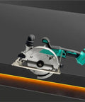 Powerful 5 Inch Cordless Circular Saw With Brushless Motor And Lightning Fast 6500 Rpm Spin For Flawless Woodwork on a cutting surface.