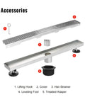 Accessories of 24 Inch Linear Shower Drain With Removable Square Hole Panel In Brushed 304 Stainless Steel Adjustable Feet