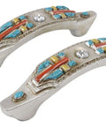 Set Of Four Hella Stylish Southwestern Turquoise Cross Drawer Pulls With Sparkling Rhinestone Sculpted Hand Painted Composite Resin Cabinet Handles and Furniture Knobs For Any Room That Really Looks Dang Sharp, showing intricate details.