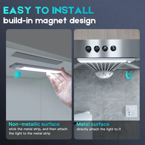 Wireless Under Cabinet Lights With Motion Sensor showing easy installation with magnet design on metal and non-metal surfaces