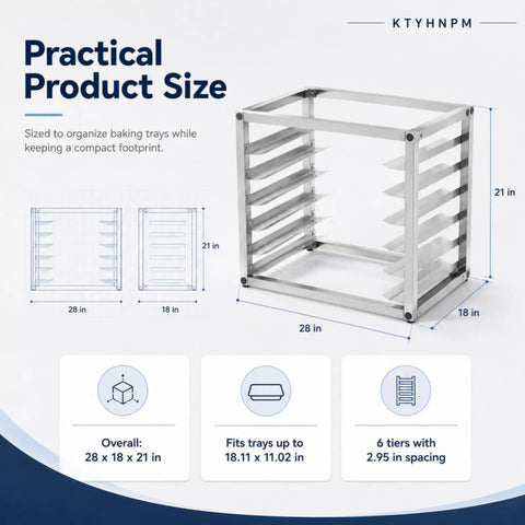 Heavy Duty Six Tier Stainless Steel Bakery Rack Holds Half Sheet Pans Countertop Bun Pan Organizer dimensions and features.