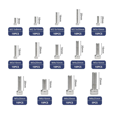 Hex Socket Head Cap Screw Kit 135 Pcs Set Stainless Steel Fasteners M2.5 To M8 For DIY with size labels in clear view