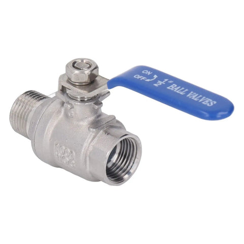 Rock Solid Heavy Duty 1/2 Inch NPT Ball Valve Made From Top Tier 304 Stainless Steel featuring a blue quarter turn handle for shut off.