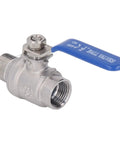 Rock Solid Heavy Duty 1/2 Inch NPT Ball Valve Made From Top Tier 304 Stainless Steel, featuring a blue quarter turn handle.