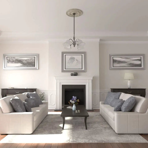Living room with Epic Ceiling Medallion 26.5 Inch Outer Diameter, 3.63 Inch Inner Hole, 1.5 Inch Projection in Castle Stone Crackle finish