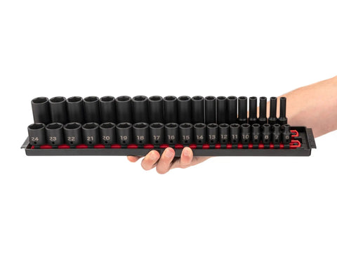Person holding Three Eighths Inch Drive 6 Point Impact Socket Set With Rails 38 Piece Includes Shallow And Deep Sockets From 6 To 24 mm