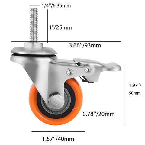 Heavy Duty Pvc Caster Wheels Smooth Rollin Two Inch Thick With 360 Swivel And Locking Brake side view with dimensions